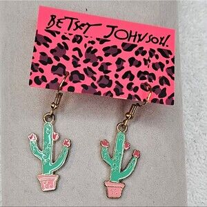 Betsey Johnson Dangle Green  Pink & Goldtone Cactus Pierced Earrings